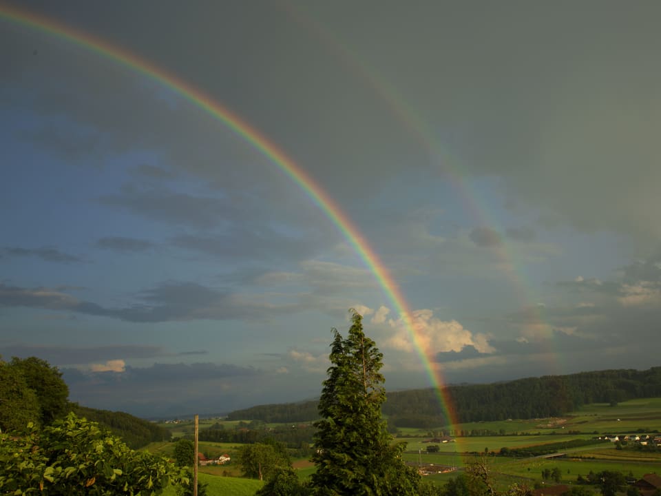 Ein Regenbogen verläuft von der Mitte nach rechts oben, über der Landschaft bei Buchs.