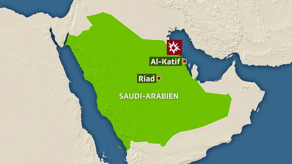 Karte von Saudi-Arabien, eingezeichnet sind Riad und Al-Katif im Osten des Landes am arabischen Golf.