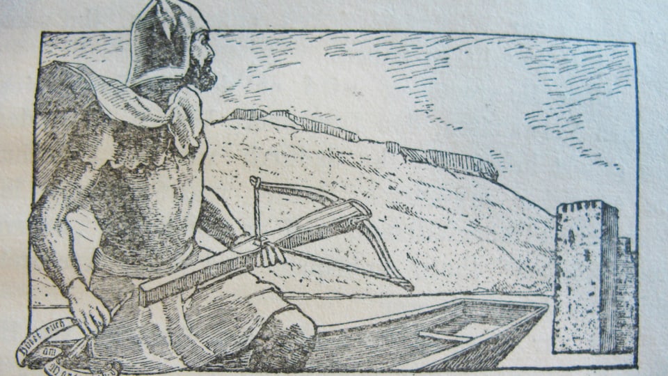 Ein Schwarz-weiss-Zeichnung zeigt einen Ritter mit einer Armbrust vor der Landschaft nahe des Morgartenbergs.