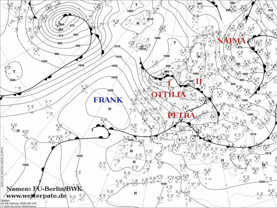 Wetterkarte mit dem Hoch Frank und den Tiefs Ottilia, Petra und Naima