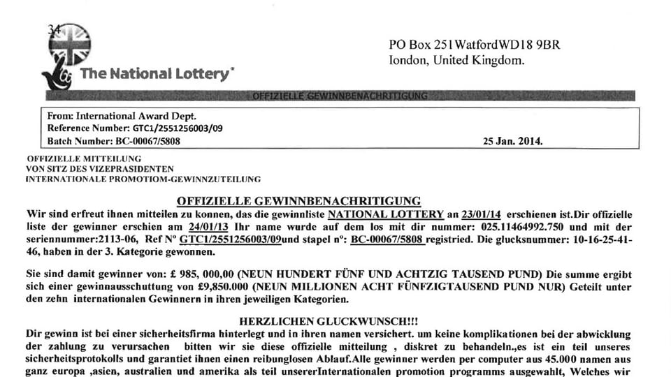 Auszug aus dem Betrügermail mit dem falschen Absender «The National Lottery».