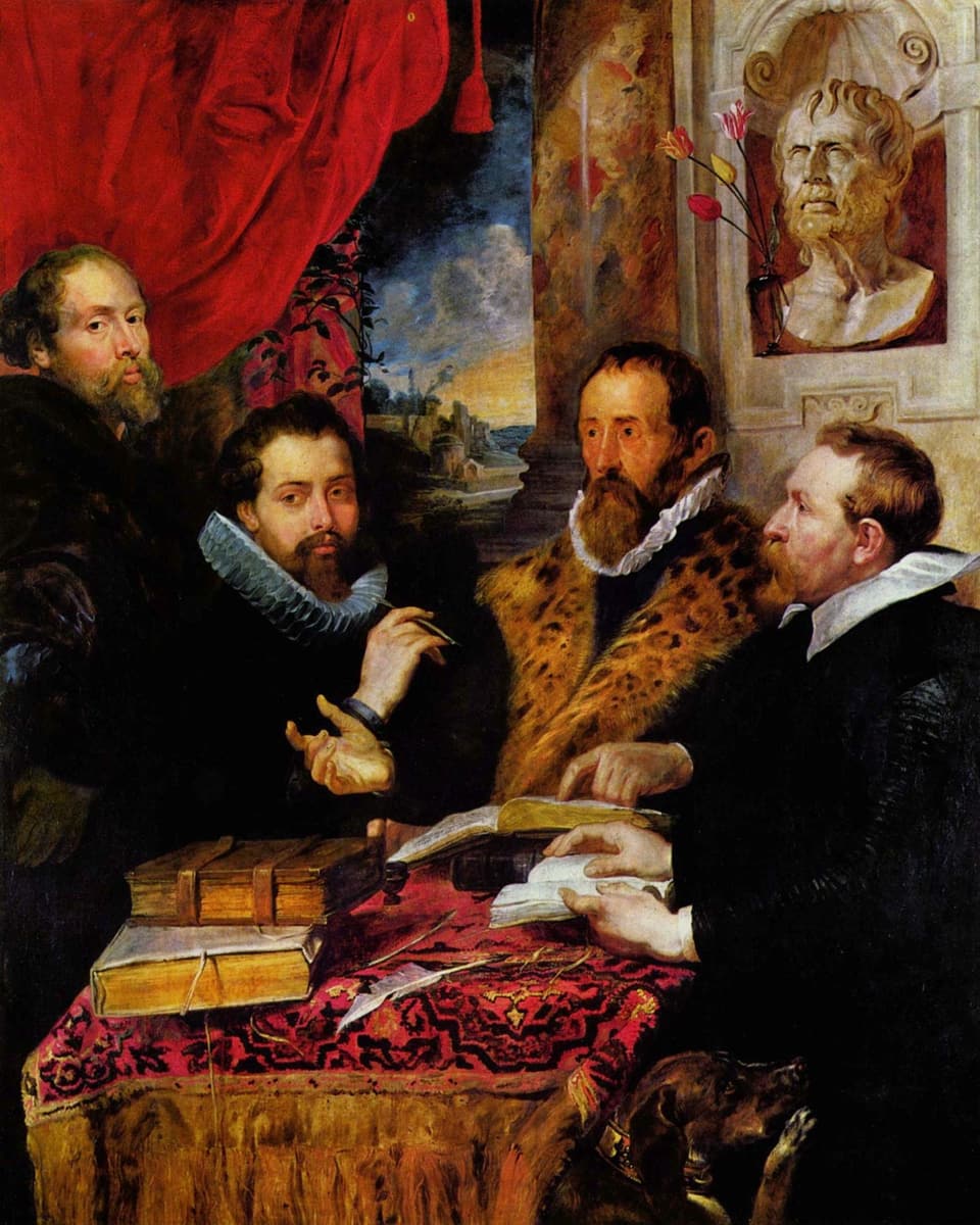 Rubens Bild mit vier Männern an einem Tisch und einer Seneca-Büste im Hintergrund.