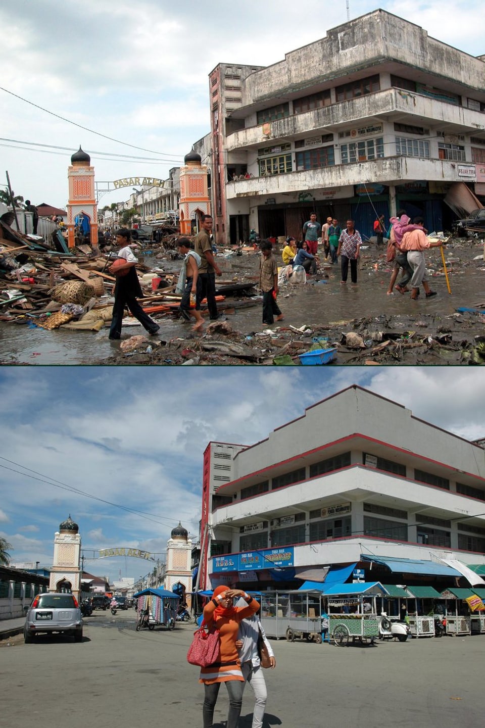 Der völlig zerstörte Stadtmarkt kurz nach dem Tsunami und nach dem Wiederaufbau fünf Jahre später. (keystone)