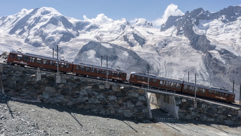 Die Gornergratbahn fährt steil nach oben, während dahinter das Alpenpanorama zu sehen ist.
