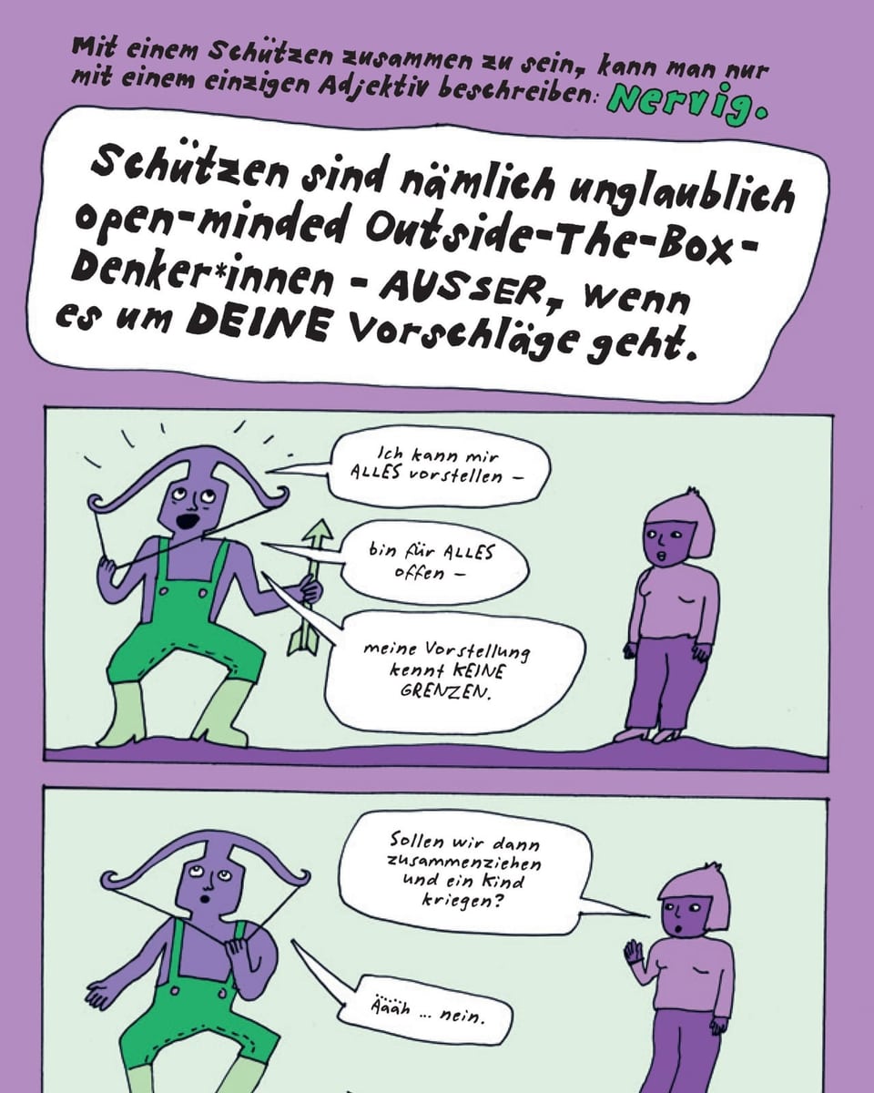 Comicseite mit violettem Schütze-Mann, weisse Sprechbuble: «Ich kann mir alles vorstellen» rechts eine violette Frau.