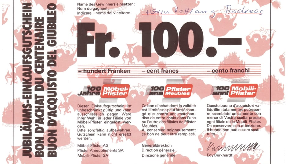 31 Jahre alt. Der Gutschein aus dem Hause Möbel Pfister im Wert von 100 Franken. Eingeschickt von SRF 3 Hörer Andreas Bottlang. 