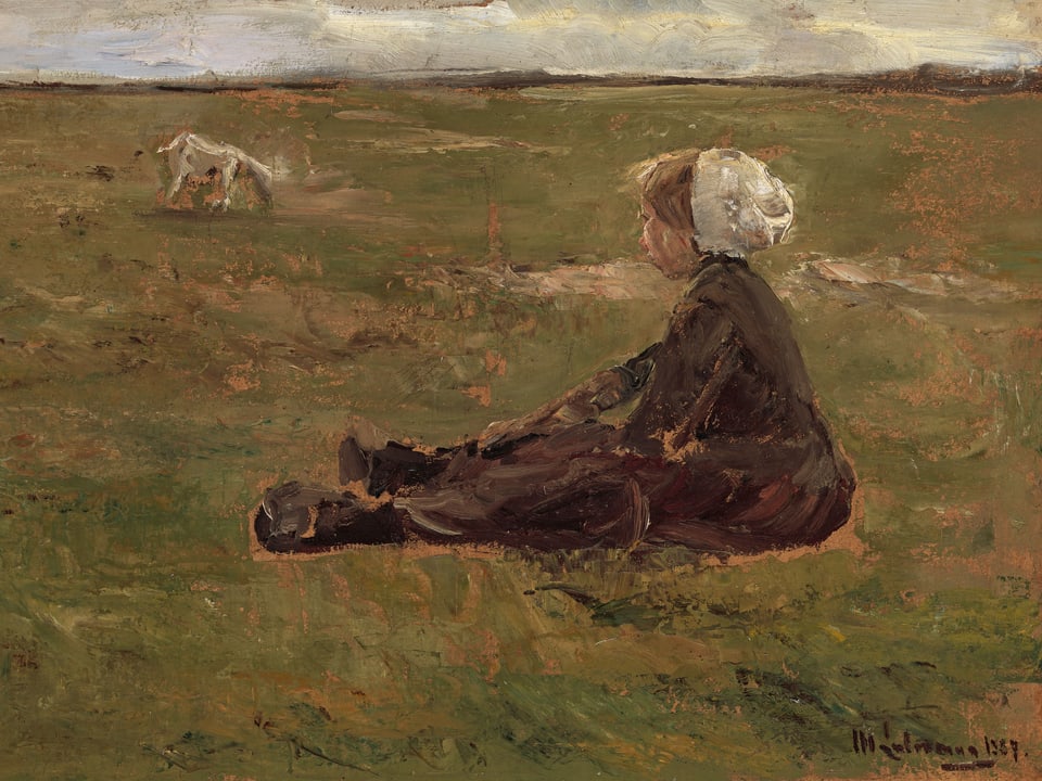 Ein Ölgemälde zeigt ein bäuerliches Mächden, das auf einer Wiese sitzt. Etwas hinter ihr ist eine junge Ziege zu sehen.