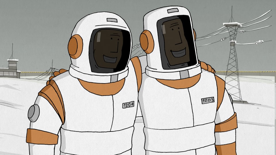 Zwei Kosmonauten in weissen Raumanzügen