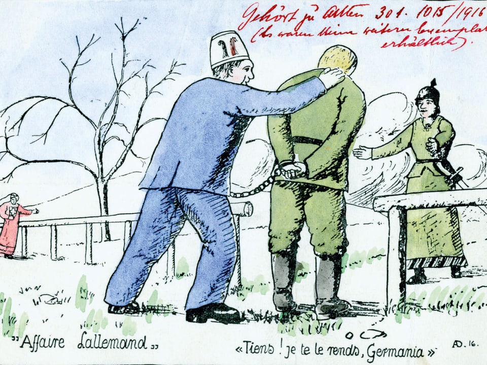 Zeichnung eines Mannes in blauem Kittel, der einen anderen Mann in Ketten bei sich führt und diesen über die Grenze schiebt, wo ein Soldat mit offenen Armen wartet.