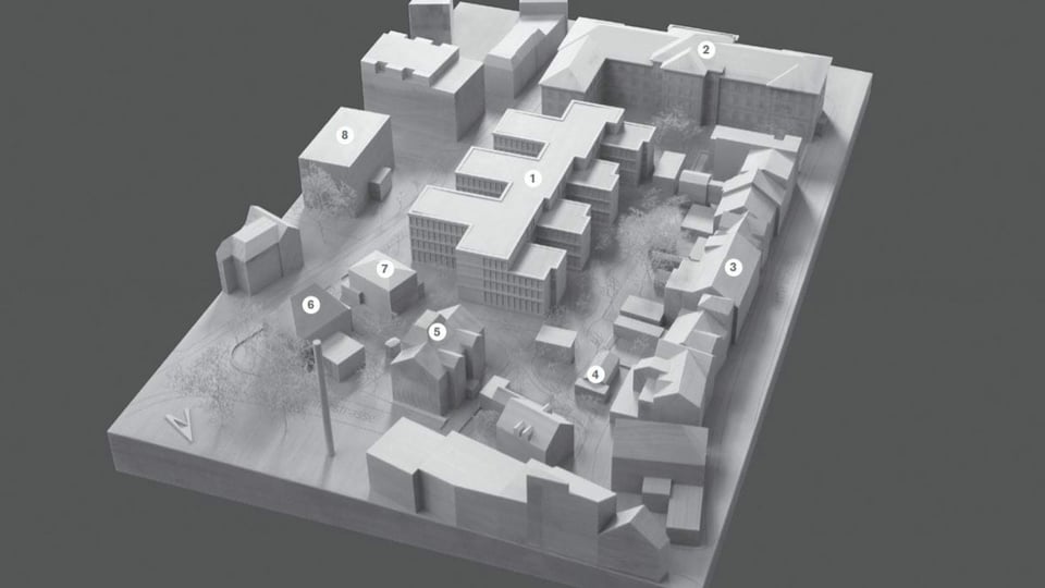 Modell des geplanten Baus und der umliegenden Gebäude