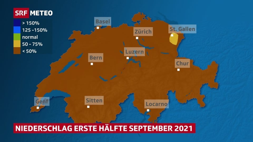 Karte des Niederschlages im September in der Schweiz.