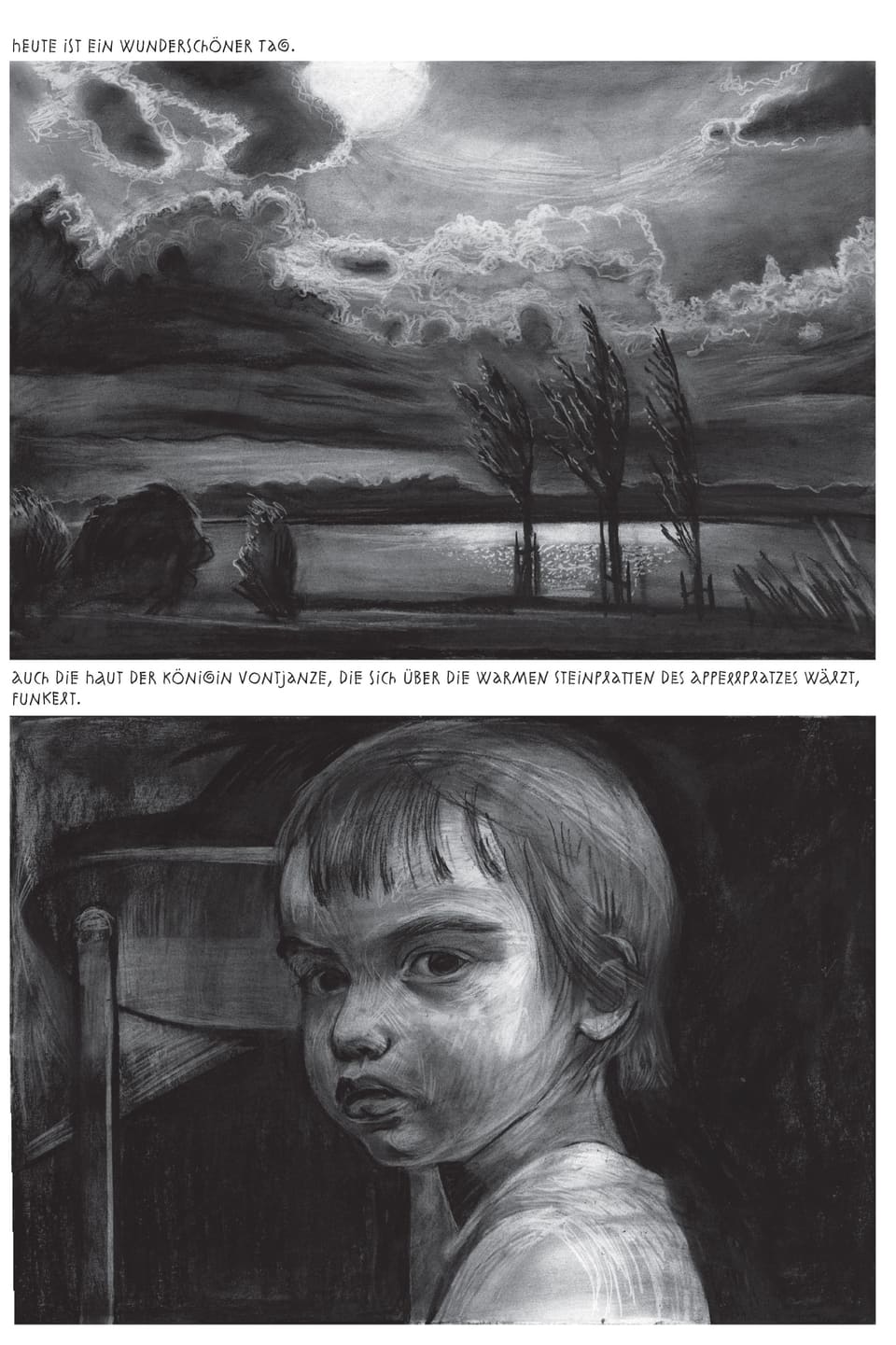 Schwarz-weisse Comic-Zeichnung mit zwei Bildern, eine düstere Landschaft und ein Kleinkind mit traurigen Augen