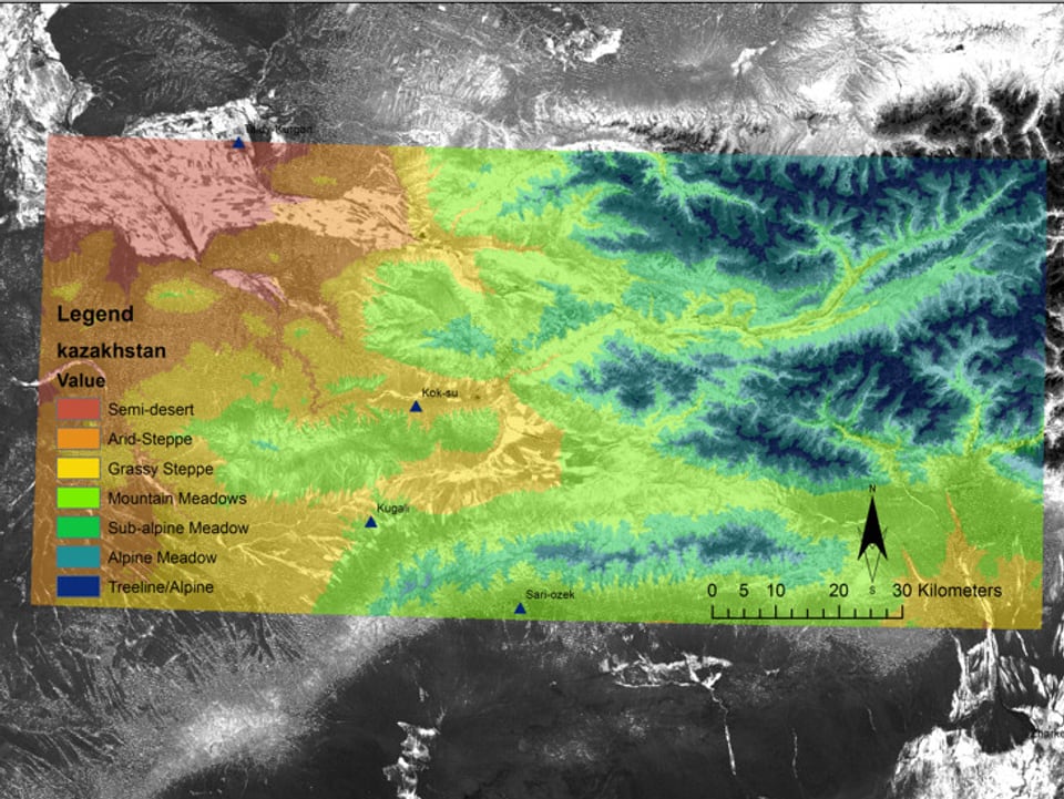 Satellitenbild von Kasachstan mit Einfärbungen, die zeigen, wo es fruchtbare und wo es trockene Regionen gibt.