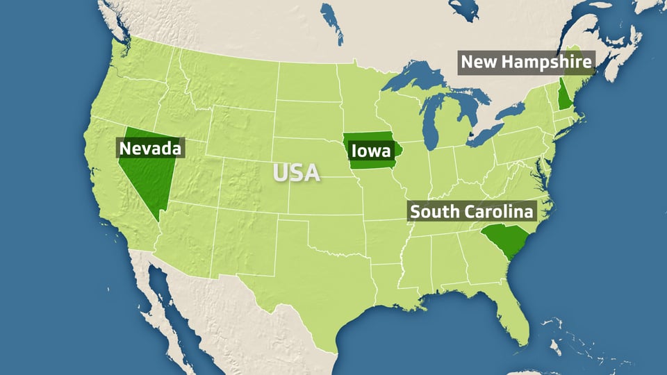 Karte der USA zeigt Bundesstaaten, in denen gewählt wurde.