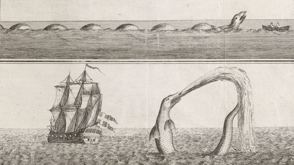 Ein alter Druck zeigt eine riesige Schlange, die ein Ruderboot und ein grosses Schiff angreift.