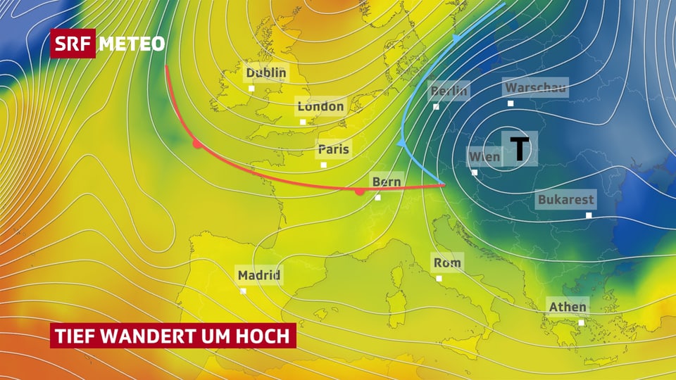 Die Europakarte zeigt das Tiefdruckgebiet mit der zugehörigen Warm- und Kaltfront.