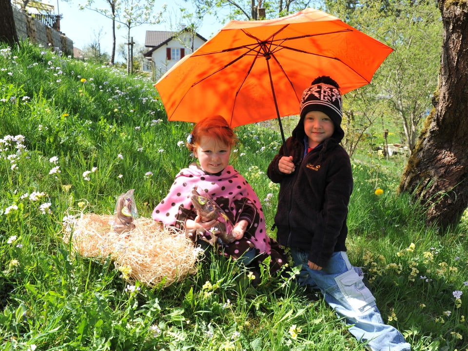Wiese mit zwei Kindern bei Sonnenschein. Sie haben ein Osternest mit Schoggihasen dabei und einen orangen Sonnenschirm. 
