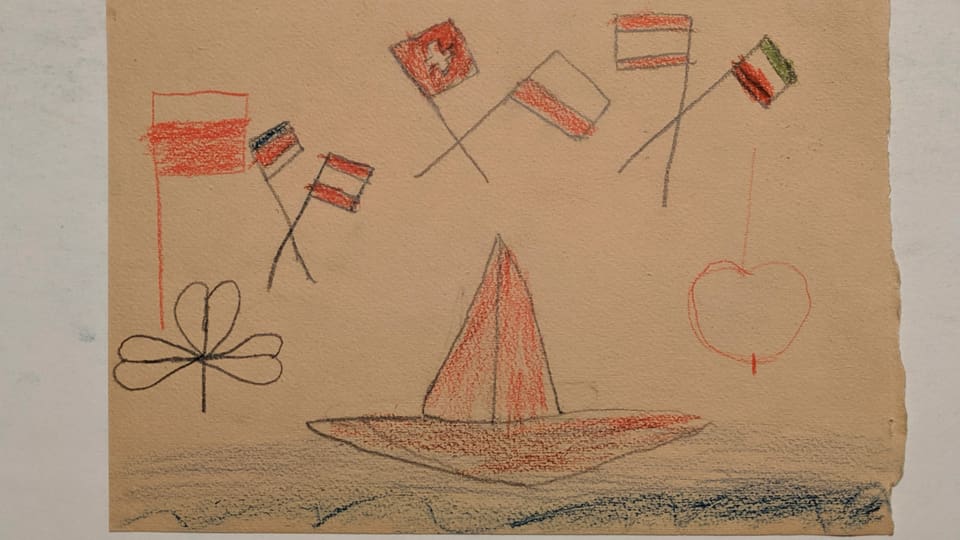 eine Kinderzeichnung eines Boots und Flaggen von verschiedenen Ländern