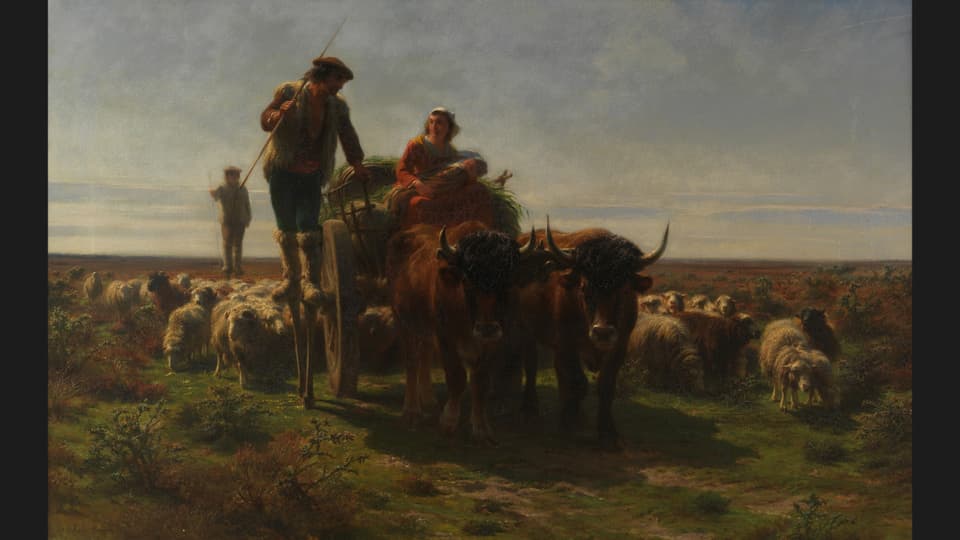 Gemälde von Rosa Bonheur, das Bauern zeigt, die vom Feld heimkehren.