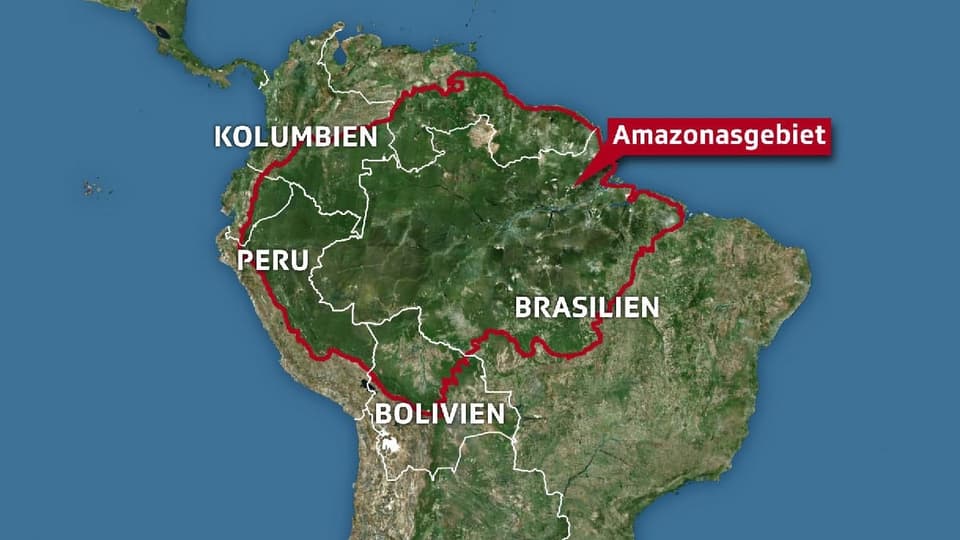 Karte von Südamerika mit dem eingezeichneten Amazonas-Gebiet.