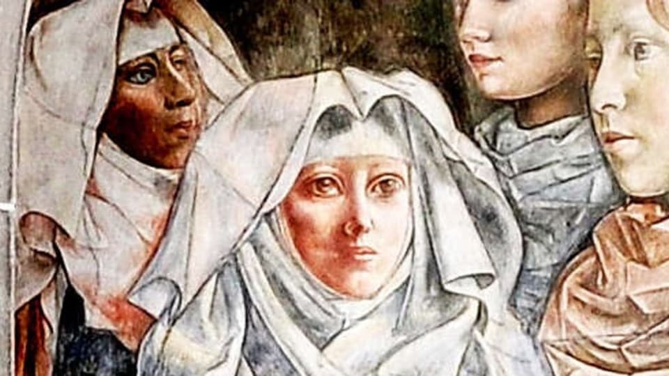 Gemälde einer Frau, die einen weissen Schleier um ihr Haupt gewickelt hat. Sie ist umgeben von drei anderen Frauen.