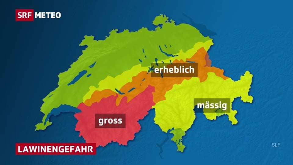 Lawinenkarte der Schweiz. Grosse Gefahr in den westlichen Alpen.