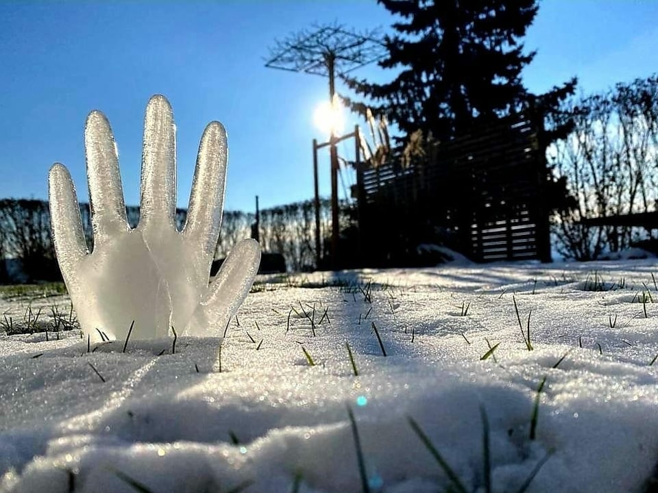 eine Hand aus Eis in einem Garten