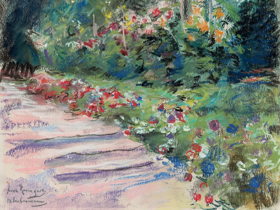 Ein Gemälde zeigt Blumen an einem Wegrand.