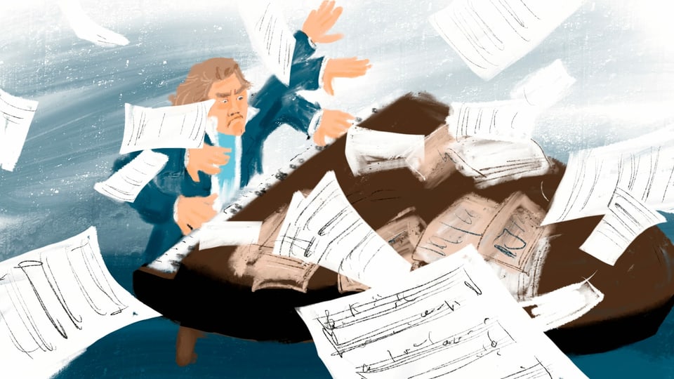 Illustration: Beethoven mit wild herumgeworfenen Armen am Klavier, Notenblätter fliegen durch die Luft