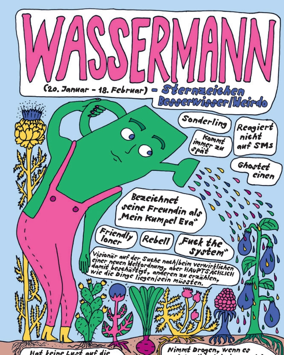 Comicseite, oben in grosser Schrift in pink: Wassermann, darunter grünes Männchen mit Giesskanne als Kopf, Sprechblasen.