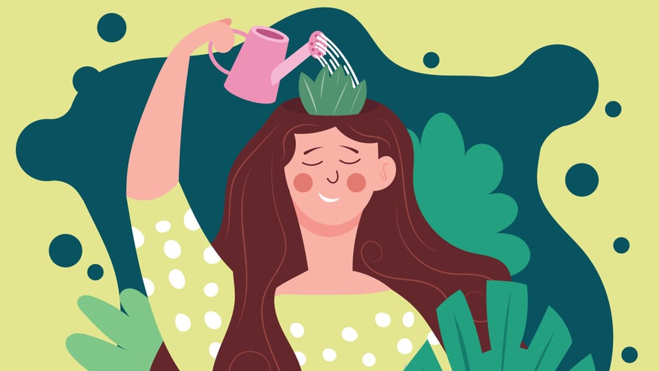 Illustration von Frau mit braunen, langen Haaren, die sich mit einer Giesskanne Wasser auf den Kopf giesst.
