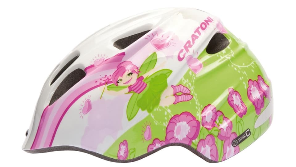 Kindervelohelm mit Wiese, Blumen und Fee.