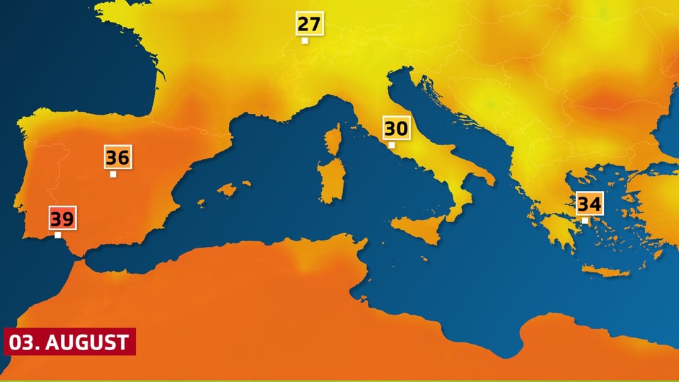 Höchsttemperaturen, Spanien und Mittelmeerraum am Montag.