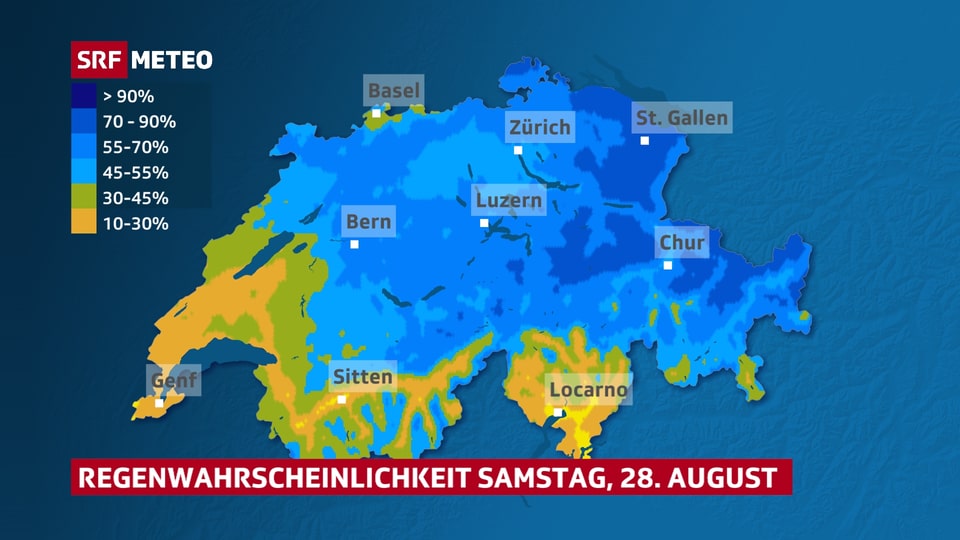 Karte Schweiz, osten Blau eingefärbt, Westen und Süden braun.