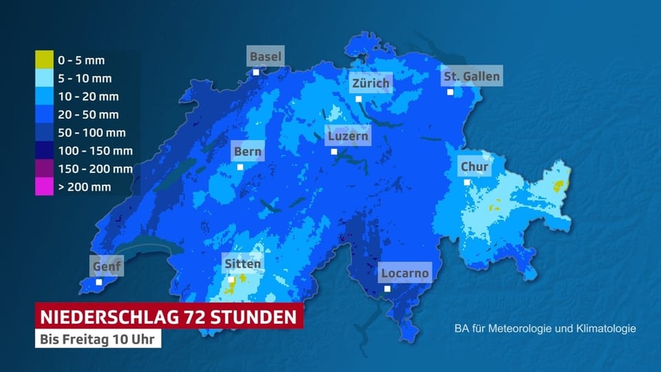 Schweizer Karte mit der Regenmenge der letzten 48 Stunden.