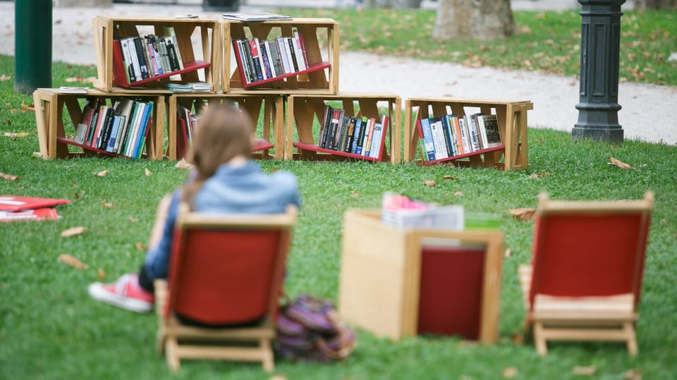In einem Park stehen Kisten mit Büchern und Liegestühle. Auf einem Liegestuhl sitzt eine Frau und liest.