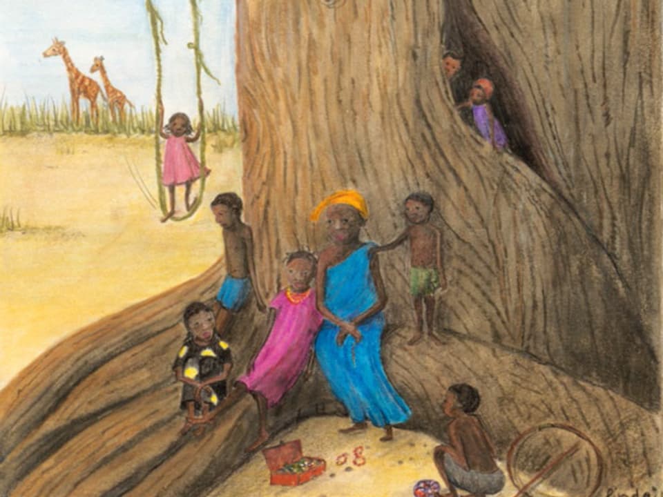 Zeichnung aus dem Buch «Der grosse Wunsch»: die Grossmutter sitzt mit Kindern unter einem Baum und erzählt eine Geschichte.