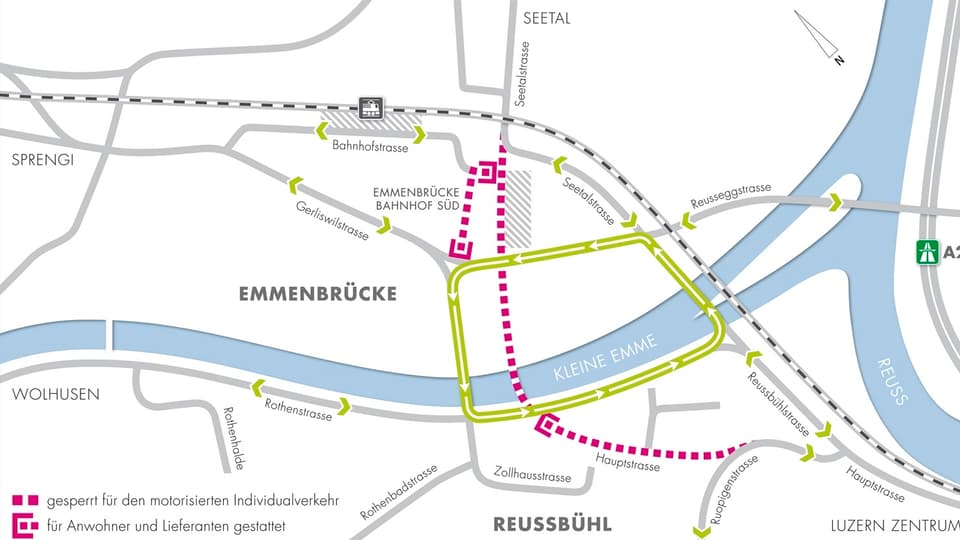 Grafik zur Verkehrführung für den motorisierten Individualverkehr am Seetalplatz in Emmen. 