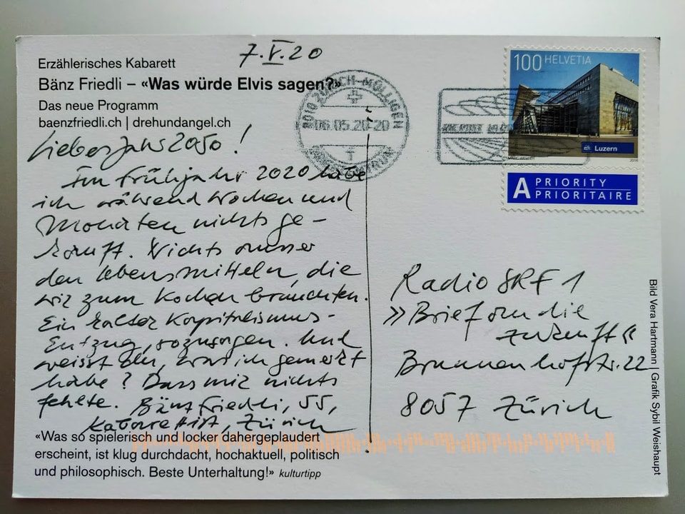 Postkarte von Bänz Friedli (55), Kabarettist aus Zürich.