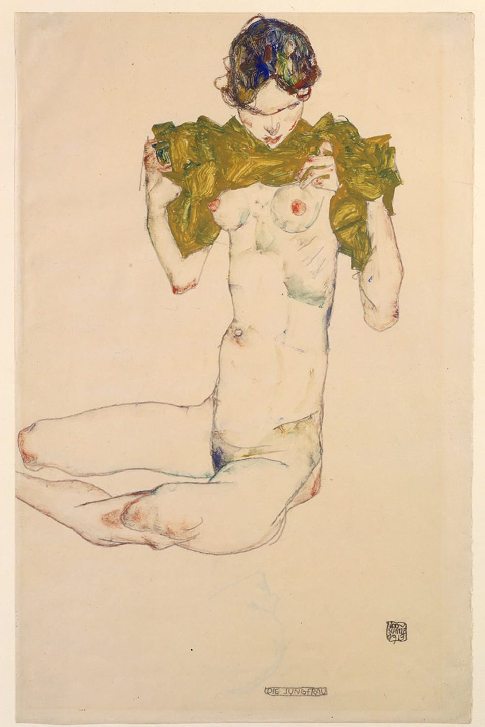 Man sieht «Die Jungfrau» von Egon Schiele. Sie ist nackt und hält einen grünen Umhang um ihre Schultern.