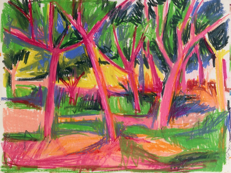 Bäume in kräftigem Pink auf grün/pinker Wiese, dazwischen blaue Flächen.