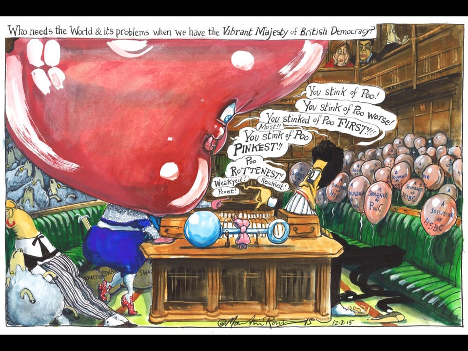 Eine Szene aus dem House of Commons. David Camerona und Ed Miliband stehen sich gegenüber. David Cameron hat einen riesigen roten Kopf.