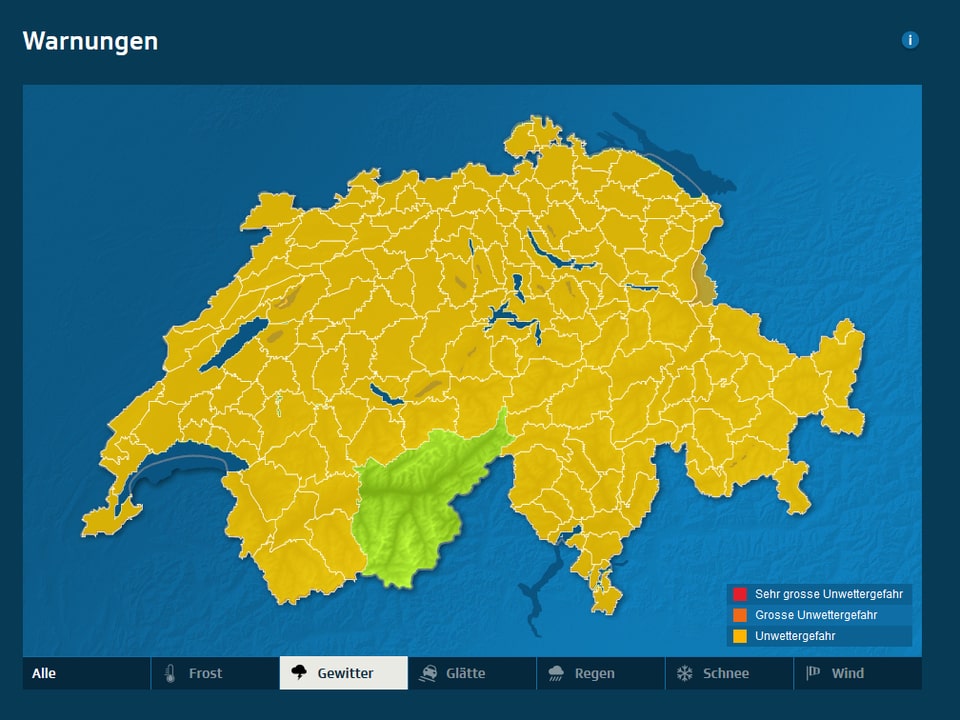 Die Schweizerkarte ist ausser dem Oberwallis überall gelb eingefärbt.