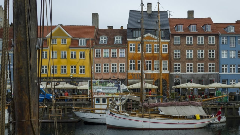Kanal in Kopenhagen mit Schiffen und Häuserfassaden.