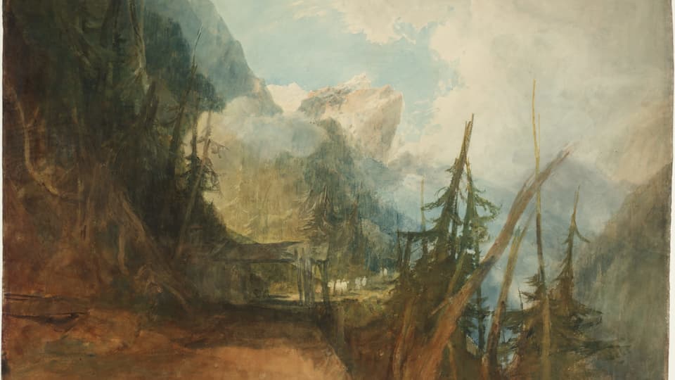 Ein Aquarell von William Turner: Landschaftsbild mit den Alpen im Hintergrund.