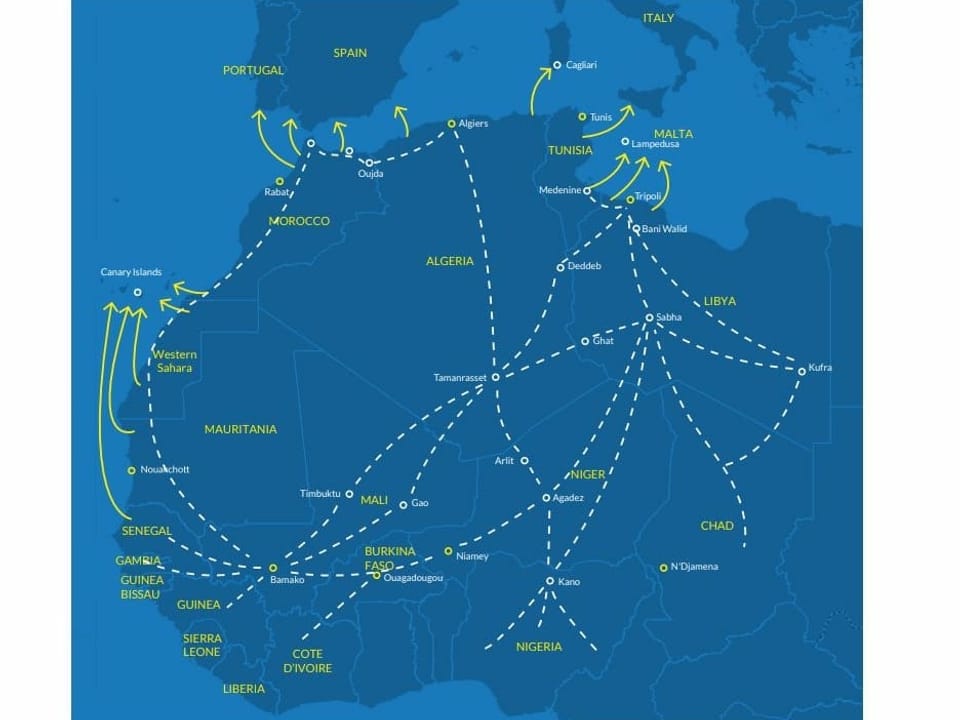 Karte mit Mgrationsrouten in Westafrika
