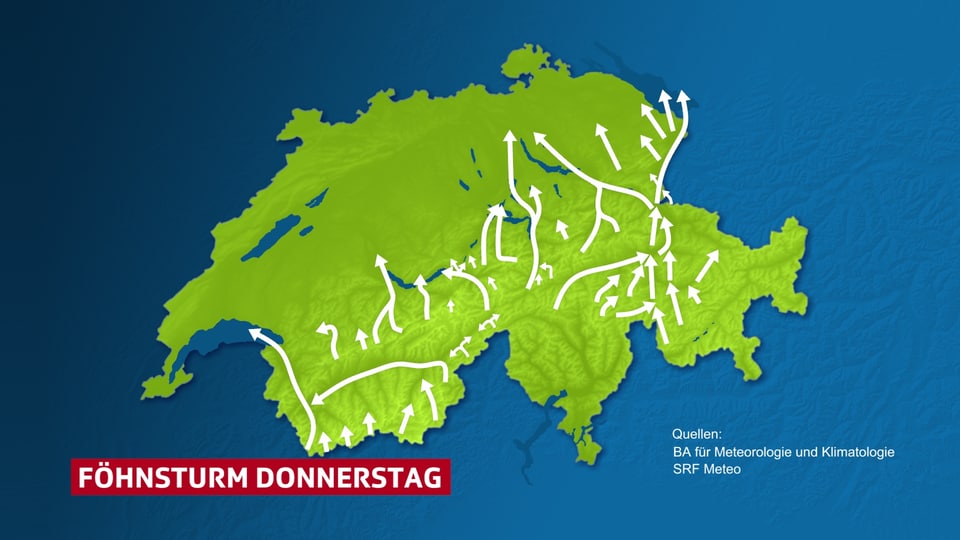Schweizer Karte mit Windpfeilen für den Föhnsturm vom Donnerstag