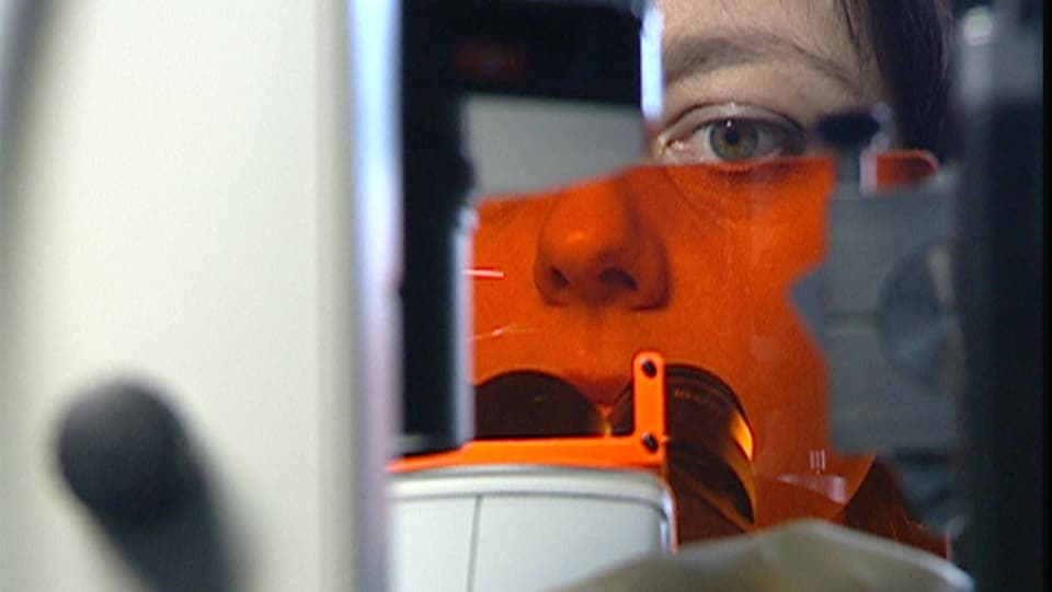 Nahaufnahme: Eine Forscherin blickt in ein Mikroskop.