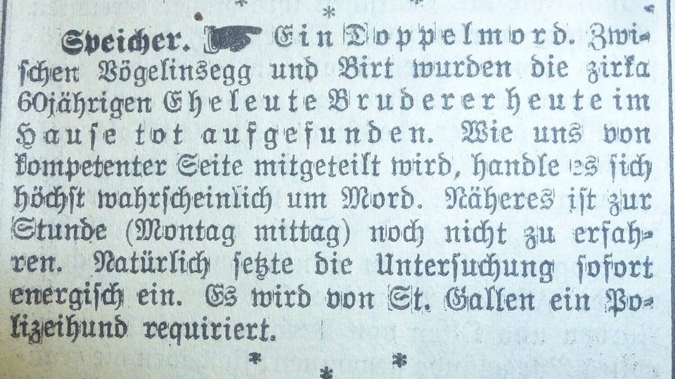 Zeitungsartikel über einen Doppelmord in Speicher 1916.