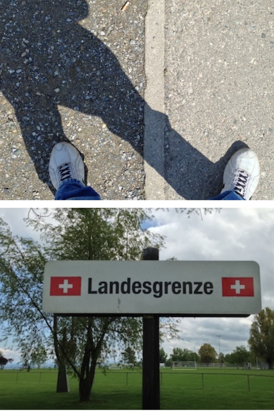 In meiner Mitte die Grenze zwischen der Schweiz und Deutschland. Aufgenommen in Konstanz.
